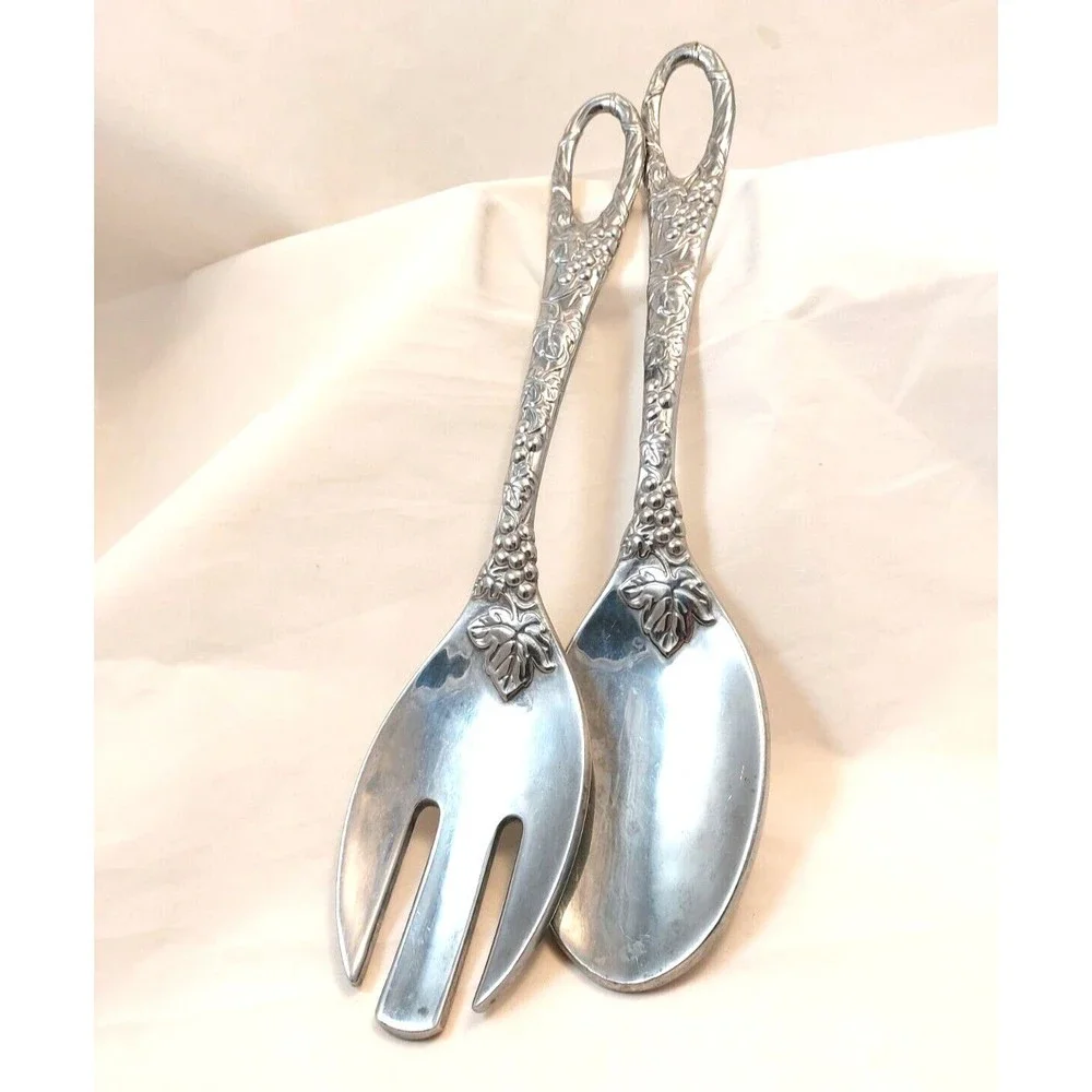 Vintage Lenox Salad Spoon Fork Server Set Aluminum Grapes Leaves 11.5”